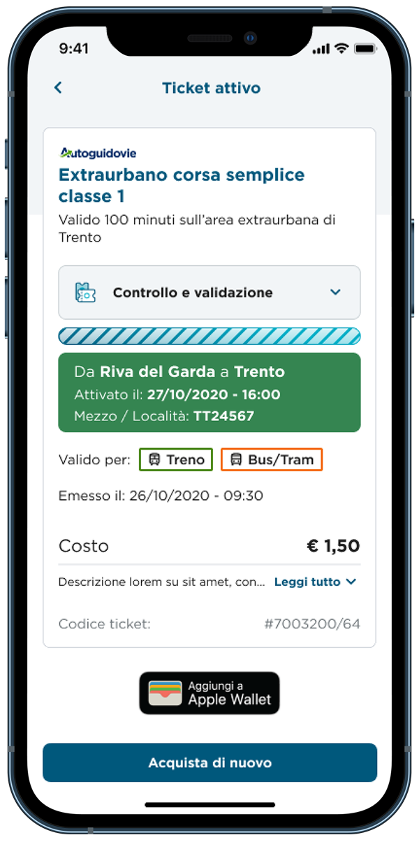 App MooneyGo biglietto extraurbano attivo