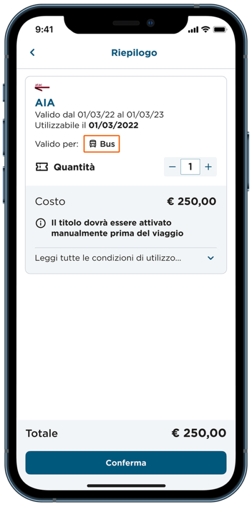 App MooneyGo riepilogo acquisto abbonamento o biglietto