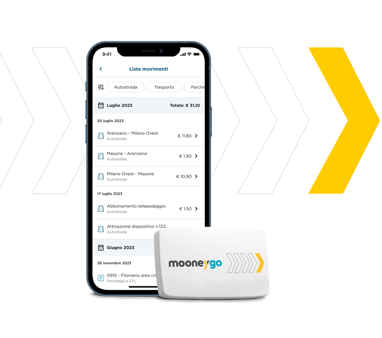 Dispositivo telepedaggio e app MooneyGo